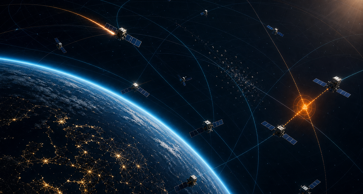 DebrisGuard view: rim-lit Earth from low orbit with multiple satellites, a propellant burn on a manoeuvring spacecraft, a highlighted conjunction warning between two converging satellites, and a small debris cloud drifting along an orbital lane