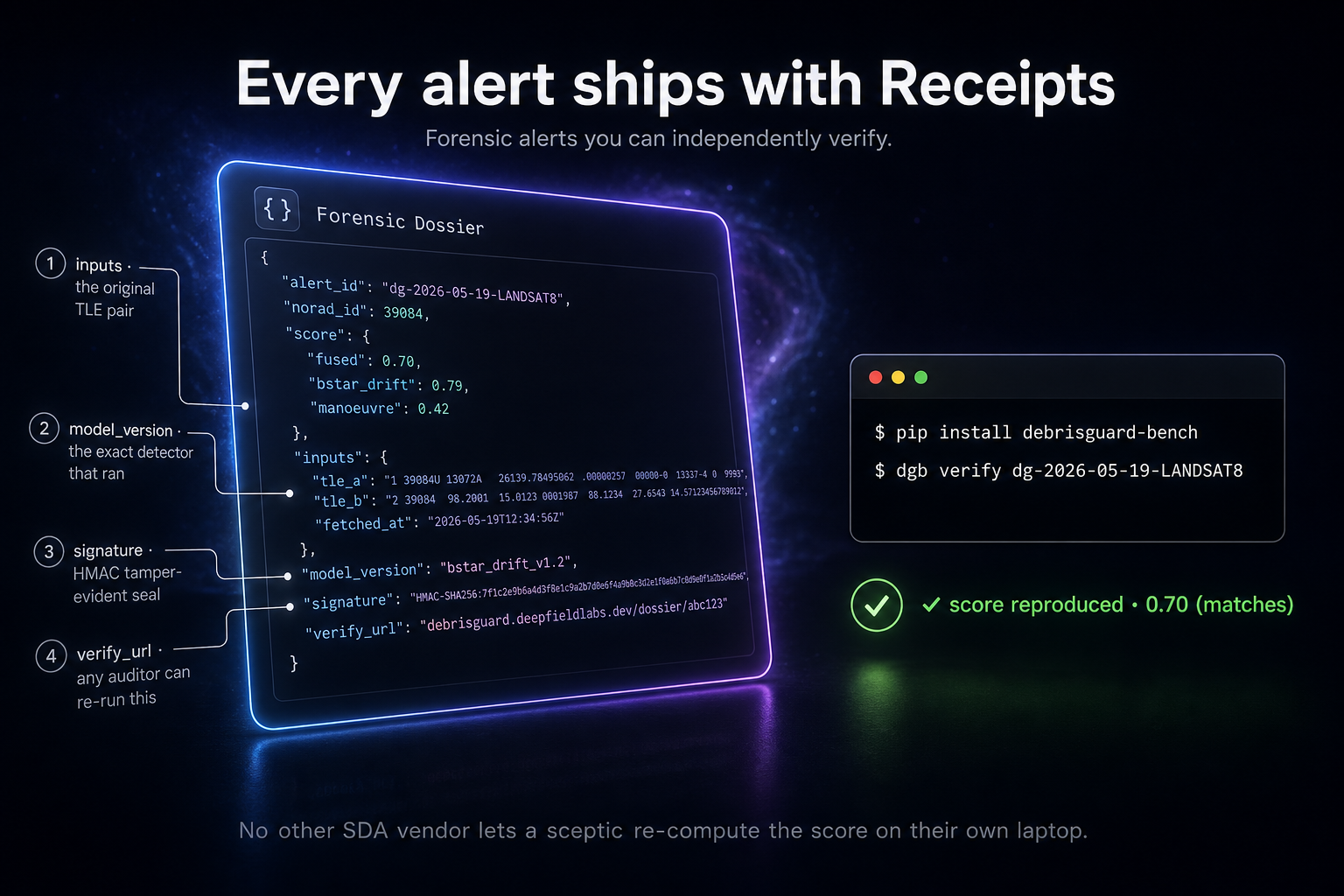 DebrisGuard forensic dossier: JSON alert with HMAC signature, model version, and verify_url next to a terminal running 'dgb verify' to reproduce the score on a laptop