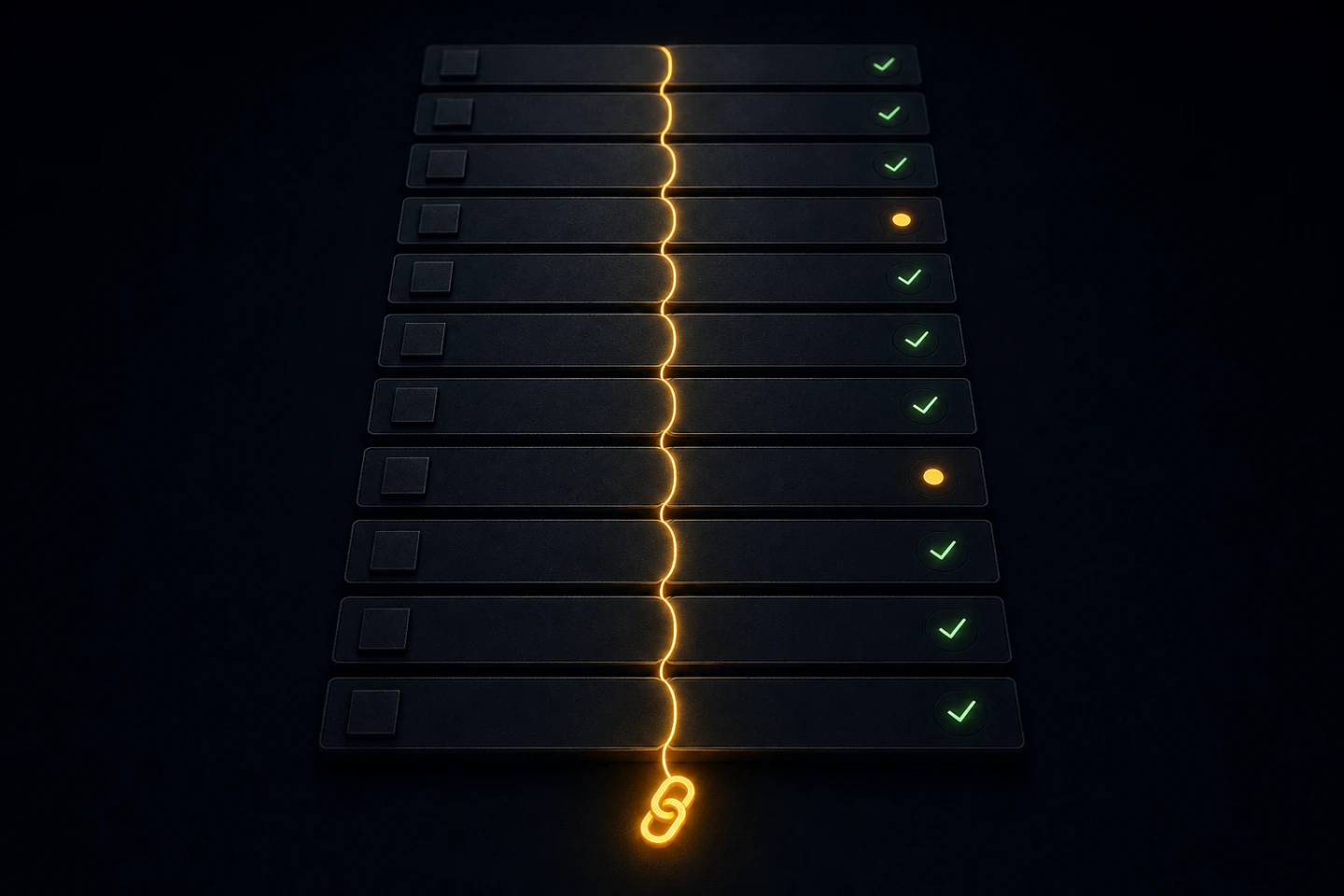 DecayGuard track record: a hash-chained ledger of dated re-entry predictions, each entry linking to the next, with graded outcomes marked