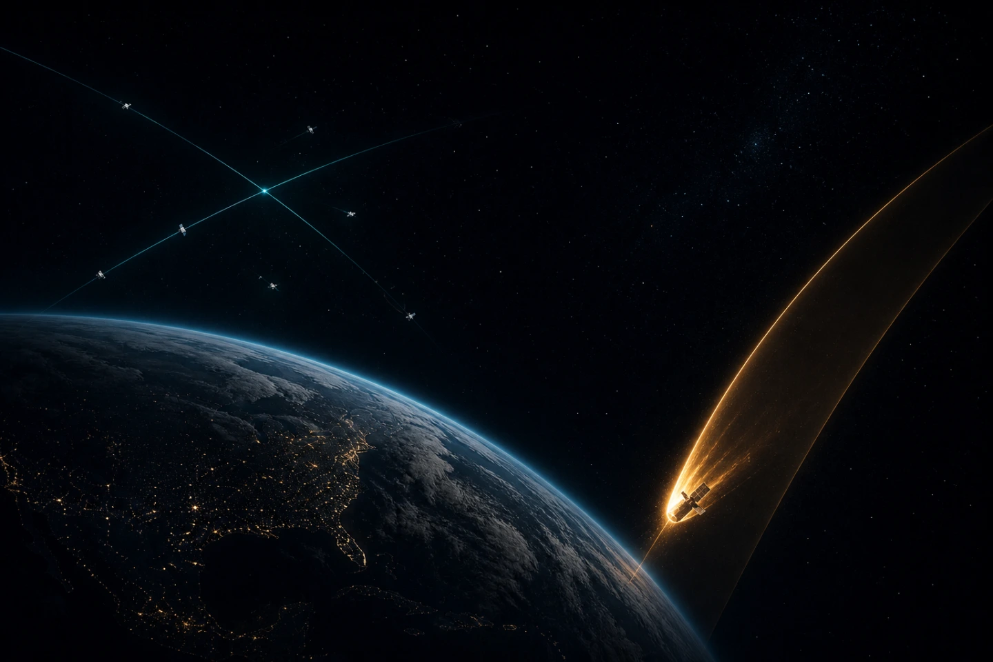 One Earth, two lenses: cool teal conjunction trajectories in low orbit (DebrisGuard) beside a warm amber re-entry arc with a predicted descent corridor (DecayGuard)