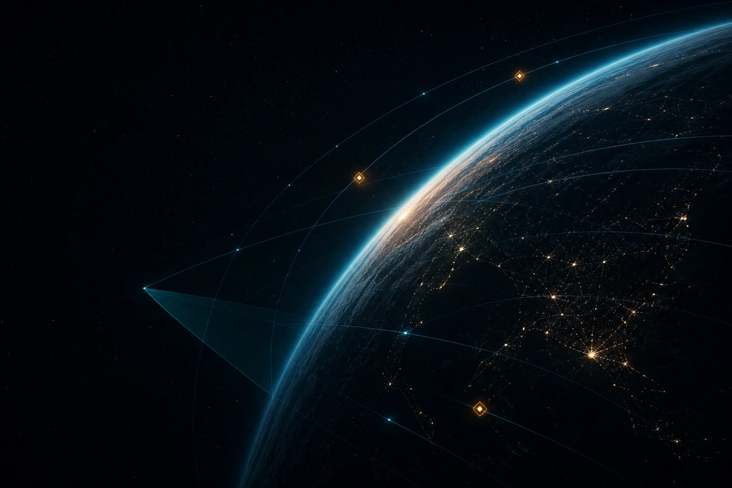 DebrisGuard: rim-lit Earth from low orbit with tracked satellites, thin teal trajectory arcs, and a highlighted conjunction between two converging objects
